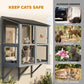 Gray outdoor cat enclosure with mesh walls and cat looking out from inside