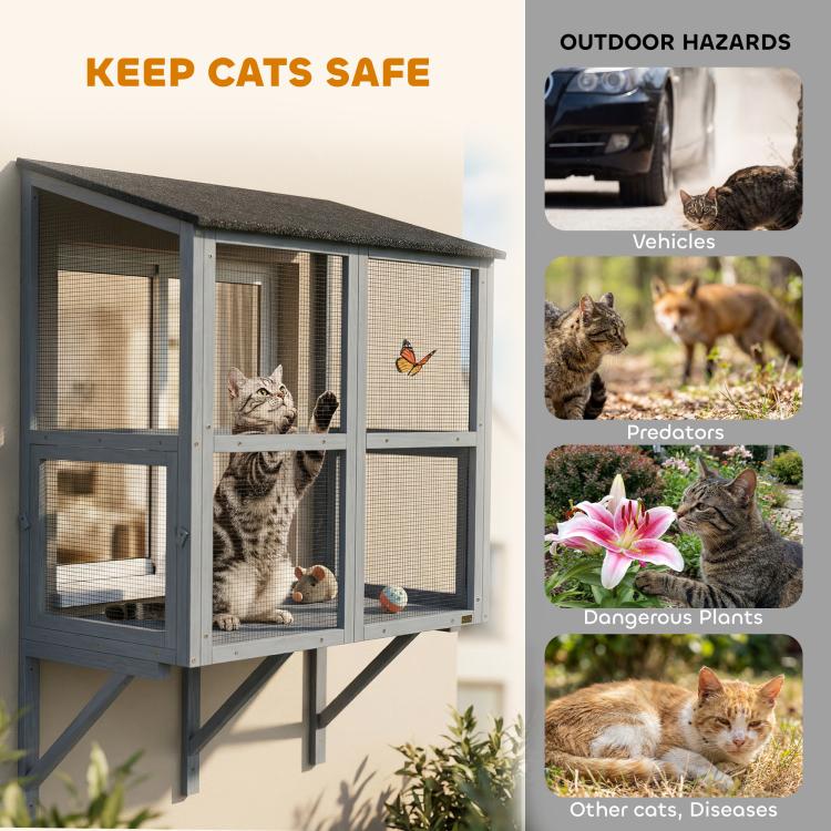 Gray outdoor cat enclosure with mesh walls and cat looking out from inside