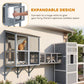 Gray multi-section outdoor cat enclosure with mesh doors and cats on platforms