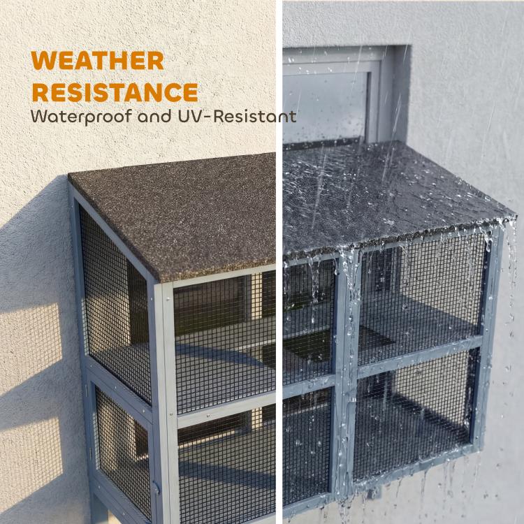 Gray outdoor cat enclosure with sloped roof and raindrops on mesh panels