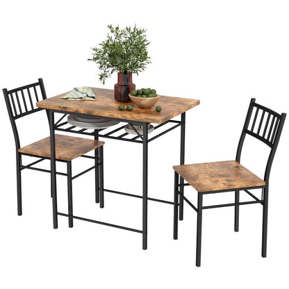 Brown dining table set for two with two wooden chairs and black steel frame