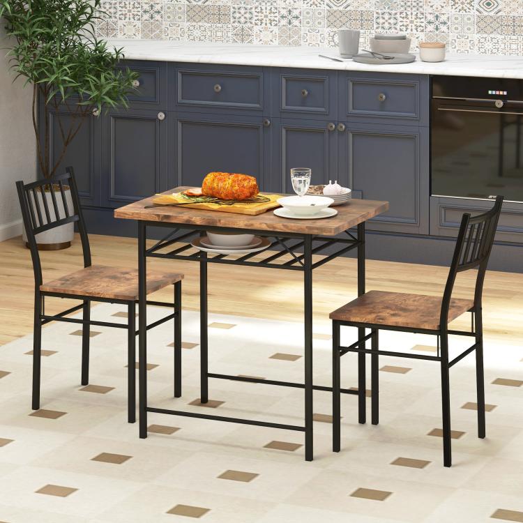 Brown dining table set with two chairs and lower storage rack for plates