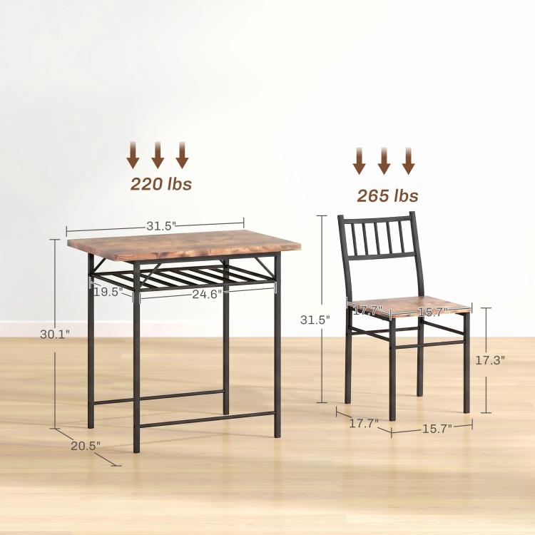 Dining table and chair size diagram with weight limits and measurements