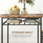 Close view of brown tabletop and steel storage shelf underneath