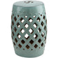 Antique blue ceramic stool with woven lattice pattern and perforated top