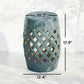 Teal ceramic garden stool, 12.4 in wide x 10.2 in top x 17.9 in high
