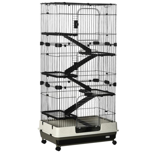 Black wire small animal cage with multi-level ramps and front access door