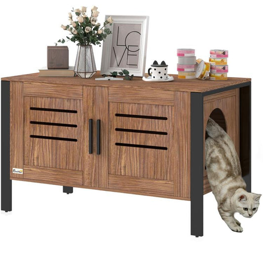 Dark brown cat litter box enclosure with side openings, striped vent panels, and tall legs