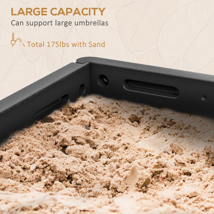 Black umbrella base with large interior cavity and drain hole for sand or water filling