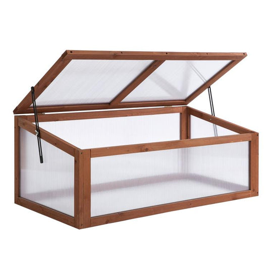 Mini wooden cold frame greenhouse with open top and clear polycarbonate panels