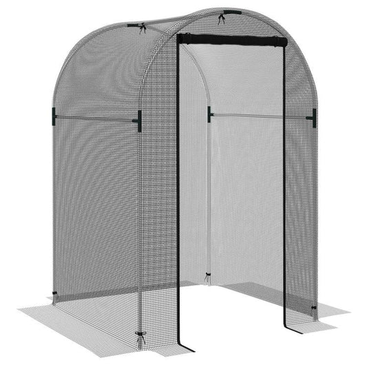 Galvanized steel plant protection tent with black frame, mesh sides, and zipped front door