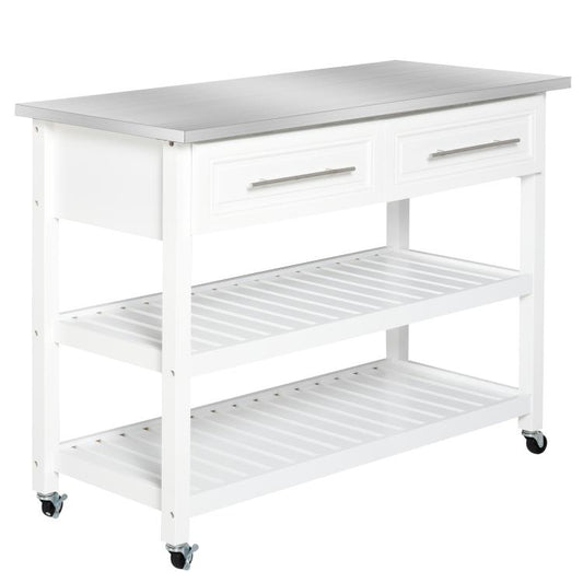 White kitchen island cart with stainless top, two open shelves, drawers, and caster wheels