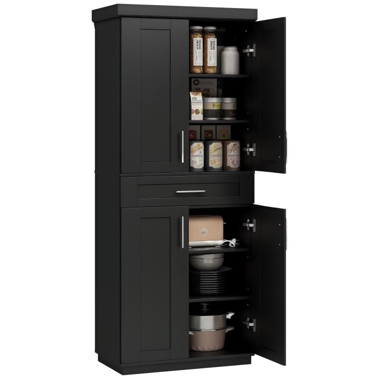 Black freestanding kitchen pantry cabinet with two doors, top drawer, and adjustable shelves