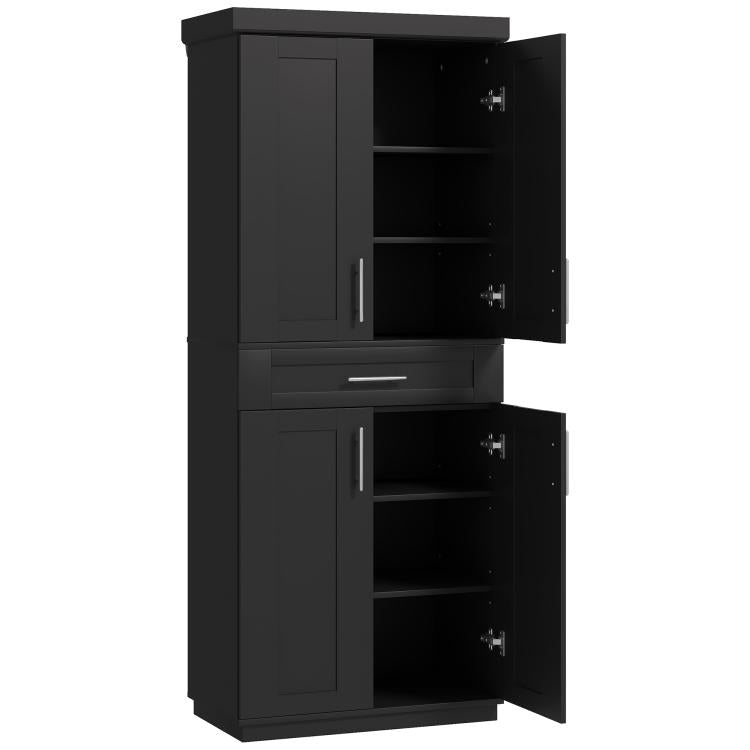 Black pantry cabinet with two open sections, double doors, and a pull-out drawer