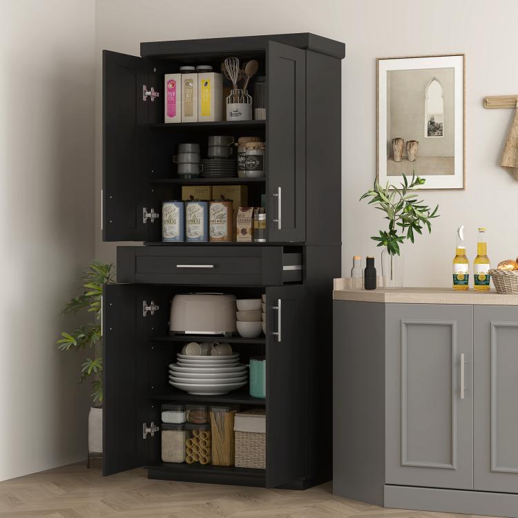 Black kitchen storage cabinet with open doors showing shelves with stacked dishes and jars