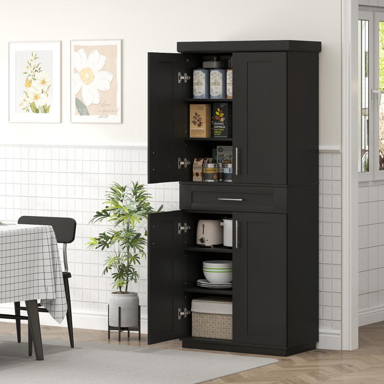 Black pantry cabinet with open doors and lower drawer compartment for plates, bowls, and cups