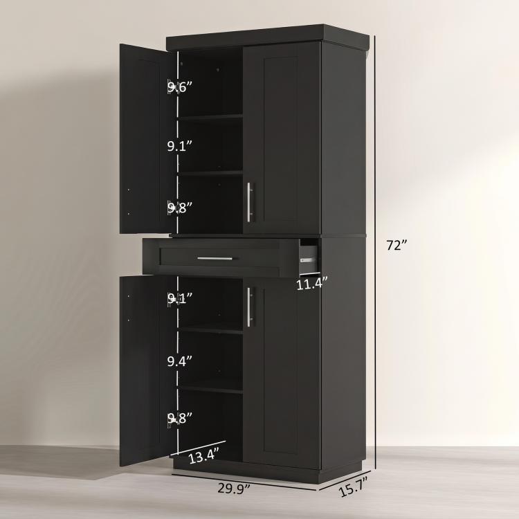 Black tall pantry cabinet with two doors and a drawer, showing interior shelf openings and height