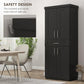 Black freestanding pantry cabinet with upper and lower doors and a front pull-out drawer