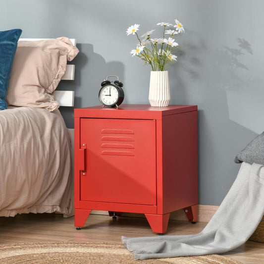 Red locker-style end table with door and open shelf for bedside storage