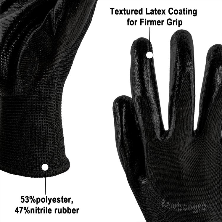 Black gloves with textured latex coating on palm for firmer grip