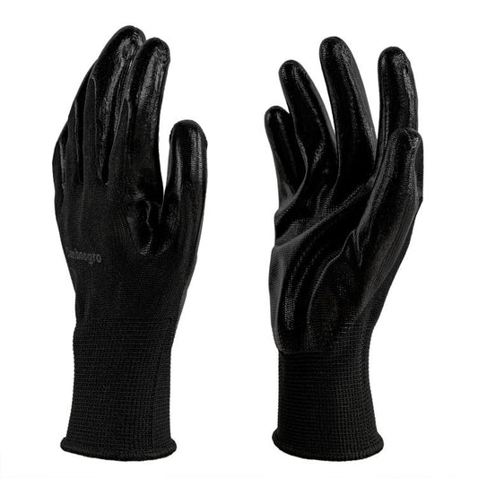 Black PU-coated knit work gloves with seamless palm and finger grip