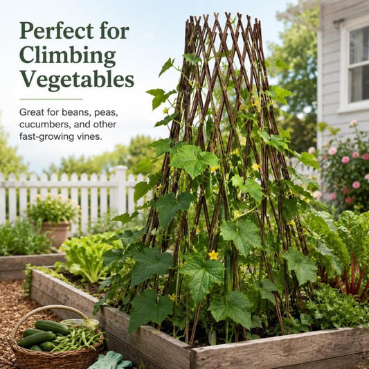 Round teepee plant trellis made of dark willow sticks for climbing vines