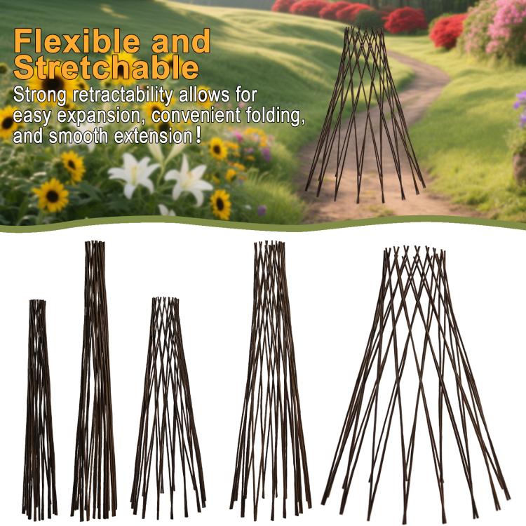 Expandable set of round willow teepee plant trellises in varying heights