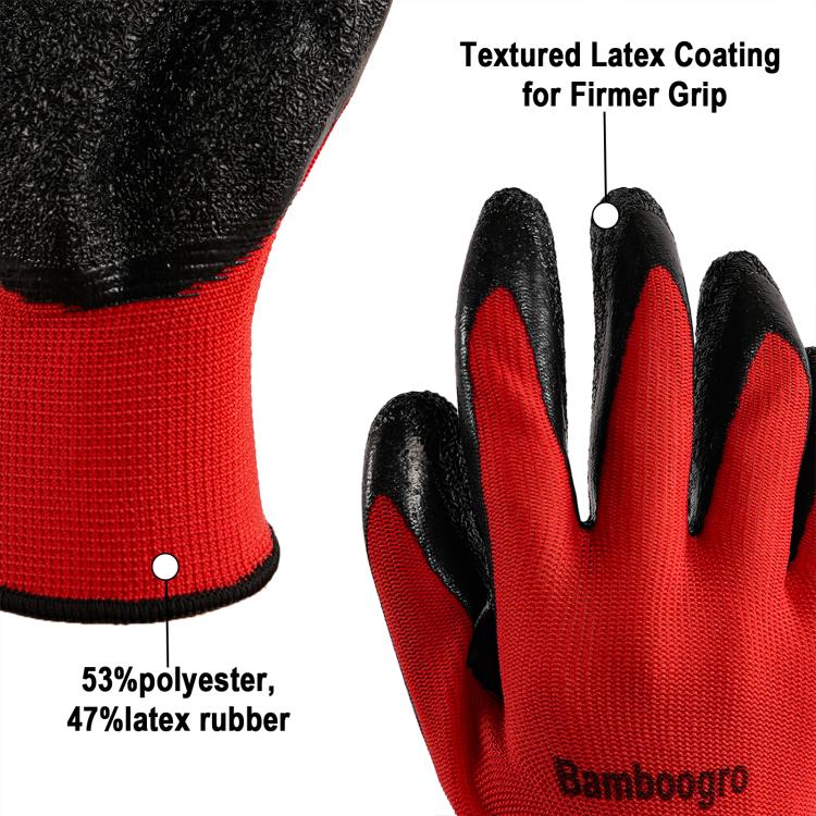 Red knit glove with black textured latex coating for firm finger grip