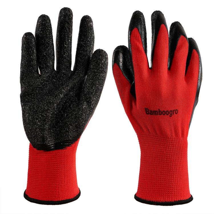 Pair of red and black latex-coated knit work gloves with textured non-slip palms