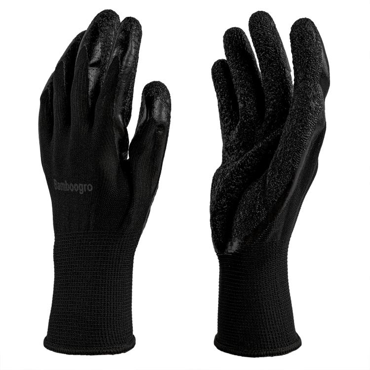 Black knit work gloves with textured latex coating and anti-slip palm, pair view