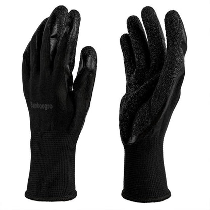 Black knit work gloves with textured latex coating and anti-slip palm, pair view