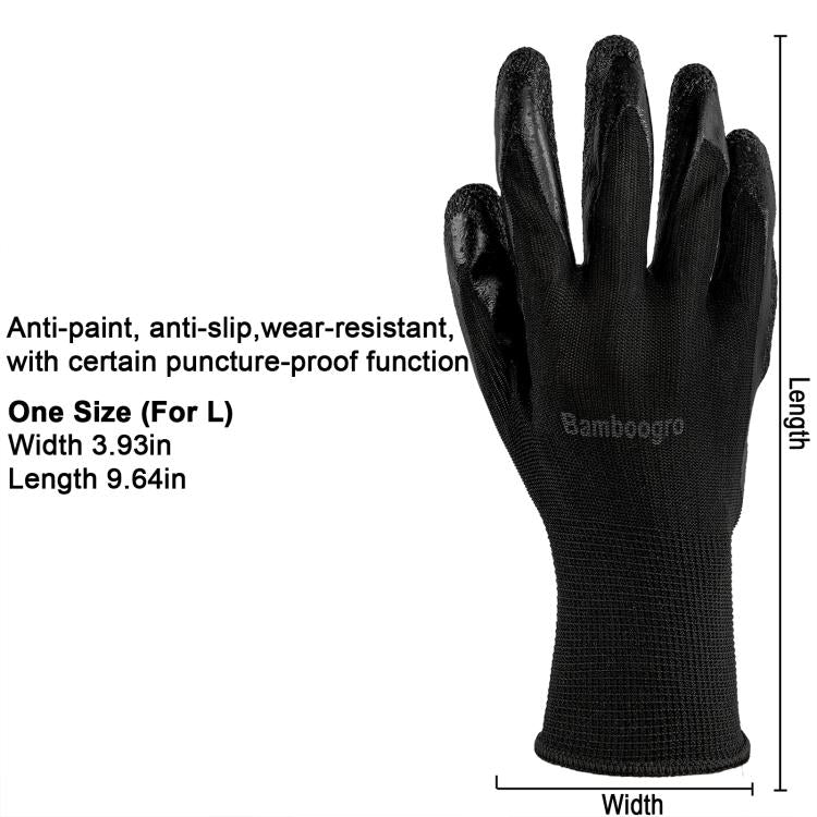 Black textured latex-coated knit gloves with anti-slip grip palm, one glove shown