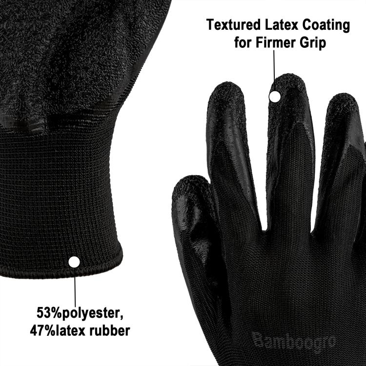 Close-up of black knit cuff and textured latex coating for firm anti-slip grip