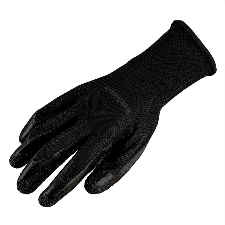 Black seamless knit work glove with textured latex-coated palm and fingers