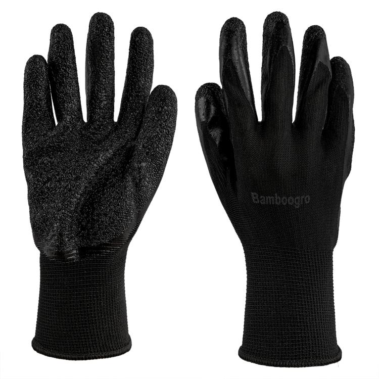 Pair of black textured latex-coated knit gloves with anti-slip palm and finger grip