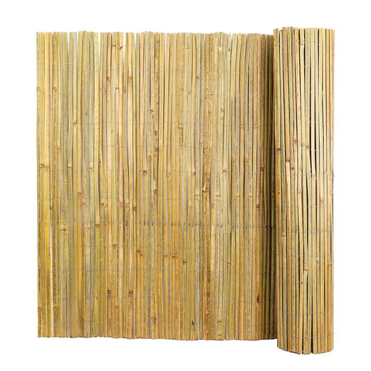 Natural bamboo privacy fence roll with vertical slats and rolled edge