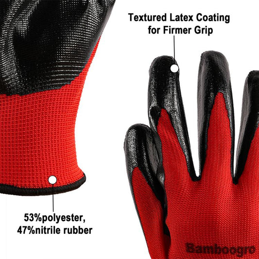 Red knit glove with textured black coating on palm and finger grip detail