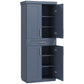 Navy blue kitchen pantry cabinet with two doors and open storage shelves