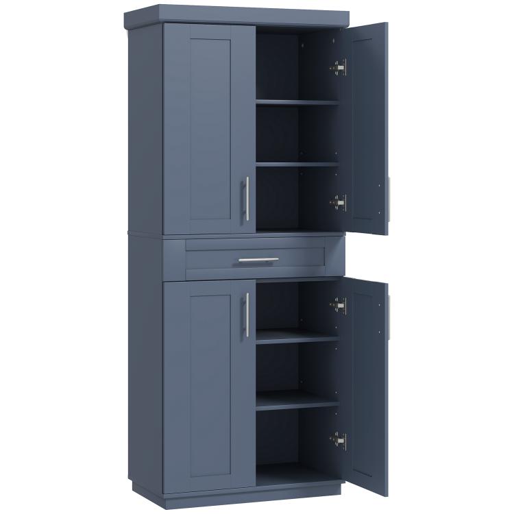Navy blue kitchen pantry cabinet with two doors and open storage shelves