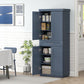 Navy blue freestanding pantry cabinet with open shelves and drawer, shown in kitchen