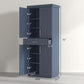 Navy blue pantry cabinet with doors and drawer, shown with height and width measurements