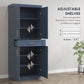 Navy blue pantry cabinet featuring adjustable interior shelves and pull-out drawer