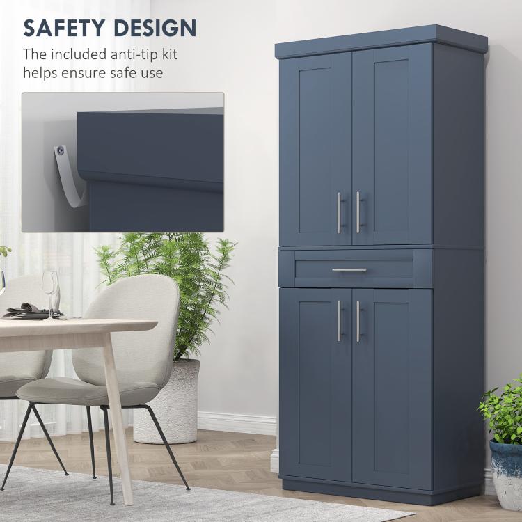 Navy blue pantry cabinet with double doors and drawer, safety hinge design shown