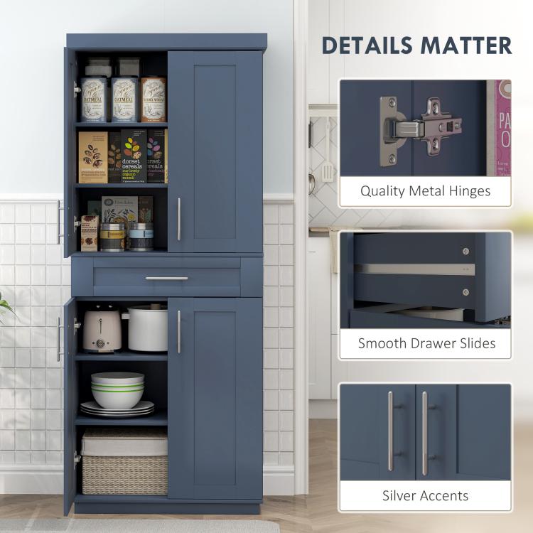Navy blue pantry cabinet with metal hinges, smooth drawer slides, and silver accents
