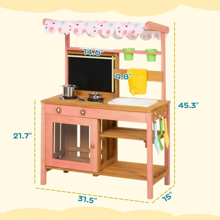 Pink wooden play kitchen with canopy and chalkboard menu, shown with measurement callouts