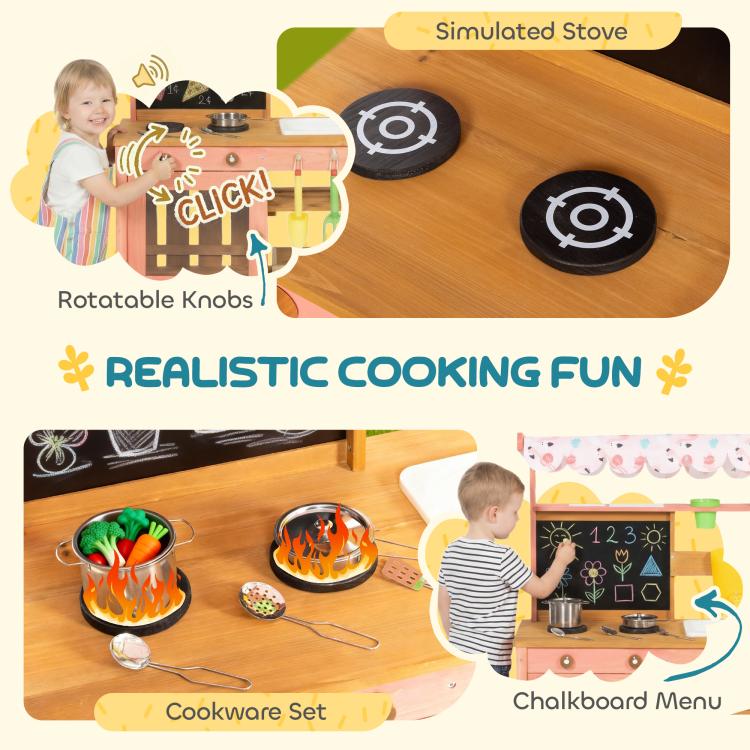 Wooden play cooking kitchen with rotatable knobs, stovetop burners and chalkboard menu