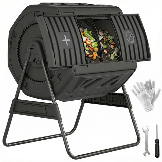 Black dual-chamber tumbling compost bin with open hatch and loading door