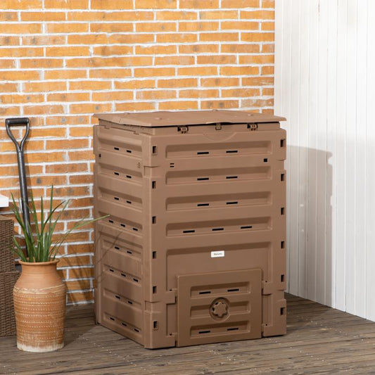 Brown plastic garden compost bin with front access door and vented panels