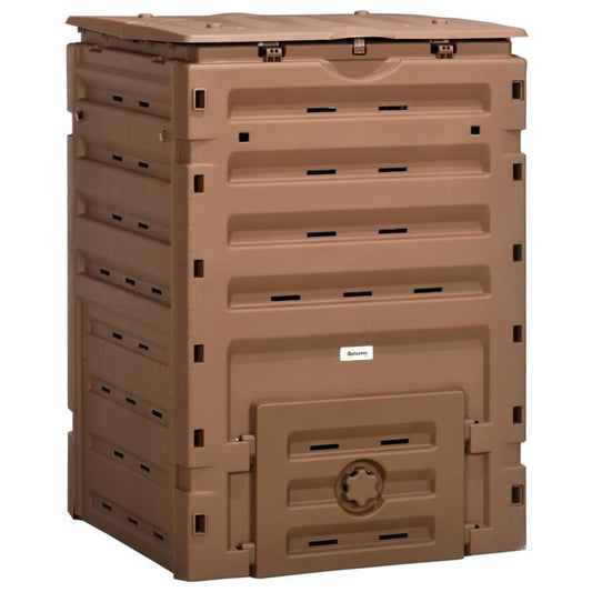 Brown plastic garden compost bin with side access door and vented panels