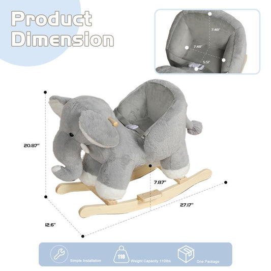 Grey plush elephant rocking toy with wooden base and safety belt